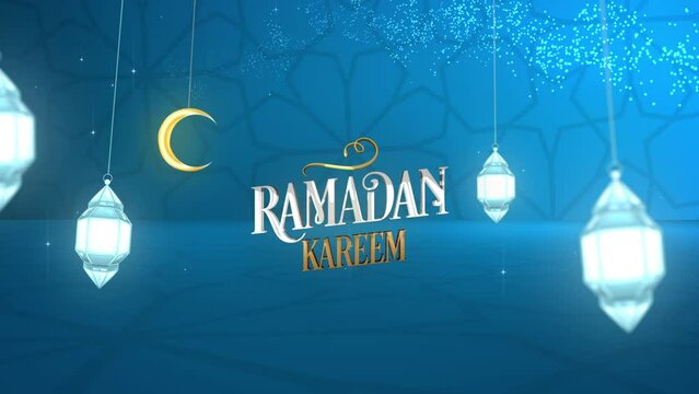 Ramadan kareem lettering with lanterns and moon, animation packshot