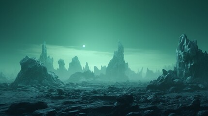 An otherworldly landscape with surreal rock formations resembling Jadeite crystals, set against a...