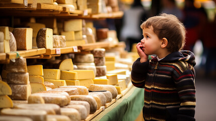 A child tasting local cheese at a Burgundy market. - obrazy, fototapety, plakaty