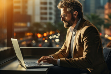 A focused entrepreneur sits at cafe while working on laptop