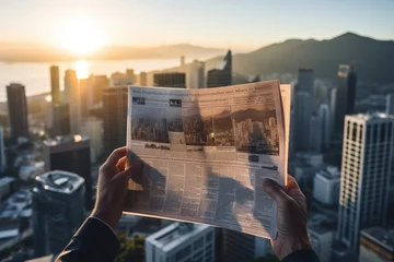 Foto op Canvas Hands hold a newspaper against a city dawn, the first rays highlighting the print and the awakening skyline in the backdrop © sofiko14