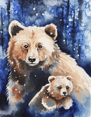 Watercolor illustration of a bear and cubs in a snowy forest. A Christmas card, a holiday card for printing, an illustration of a winter forest and mountains isolated on a white background.