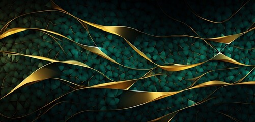 Abstract digital pixel design of interwoven vines in green and gold on a 3D textured wall, signifying abstract digital pixel design