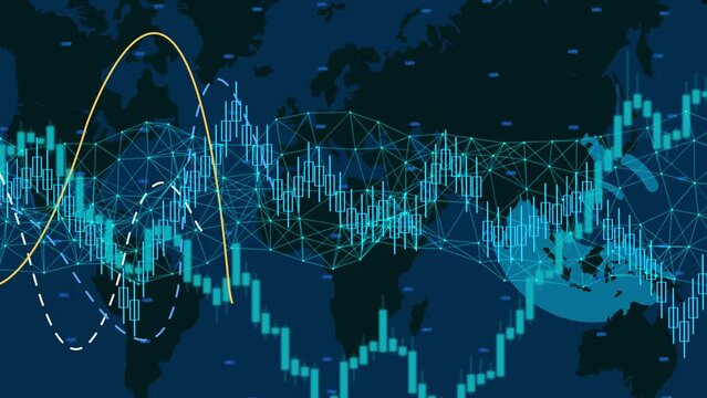 Stock market and exchange data of price at market wall. Change and volume. Financial indexes change up and down over time. Concept of cryptocurrency and bitcoin BTC crypto trading
