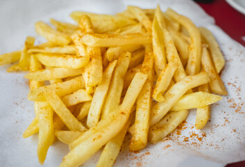 French fries or potato chips. Fried potatoes close up