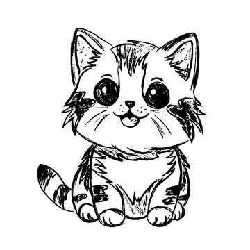 Cute cat black sketch hand drawn kitten vector illustration on a white background.