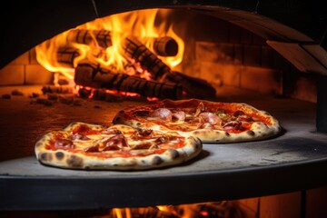 Artisanal Pizzas Baking in a Traditional Wood-Fired Oven - obrazy, fototapety, plakaty
