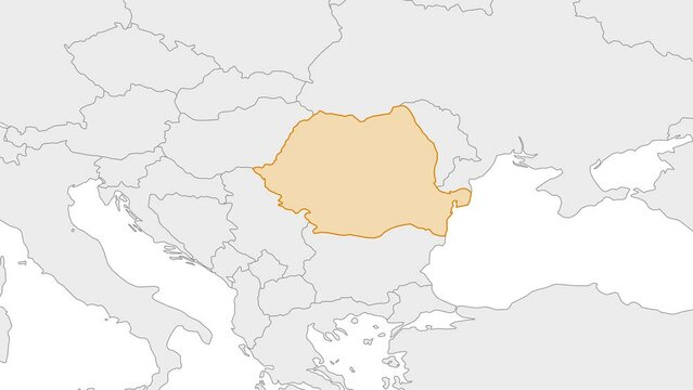 Animation of Romania country map on the world map. Animation of map zoom in with border and marking of major cities and capital of the country Romania. Background with alpha channel. Motion design.