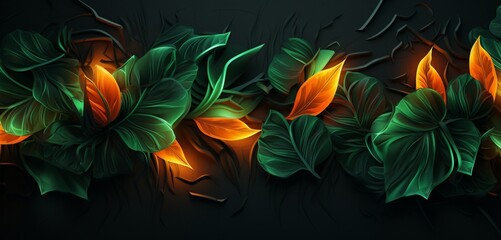 Dynamic neon light design with a pattern of green and orange leaves on a natural 3D textured surface