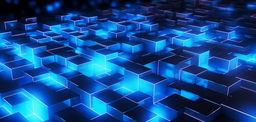 Dynamic neon light design with a matrix of blue and silver pixels on a digital 3D background