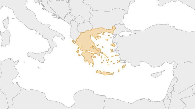 Animation of Greece country map on the world map. Animation of map zoom in with border and marking of major cities and capital of the country Greece. Background with alpha channel. Motion design.