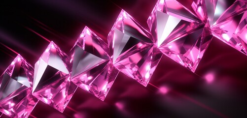 Dynamic neon light design with a series of pink and silver diamonds on a sparkling 3D surface