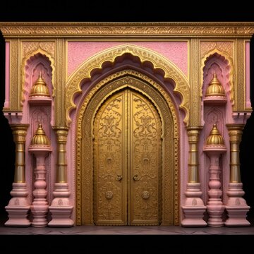 Door Design Indian and Arabic Style Pink Peach Golden Yellow Black Background Color LED Wall VJ Created with Generative AI Technology