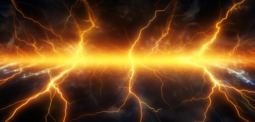 Glowing neon light graffiti with a pattern of golden lightning bolts on a stormy 3D texture