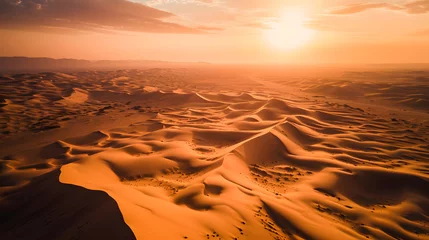 Foto auf Acrylglas Aerial view of a desert during sunset, Drone shot of a dune, artificial intelligence © Markus