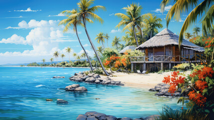 oil painting on canvas, View of Maldiv beach resort, panoramic landscaps. - obrazy, fototapety, plakaty