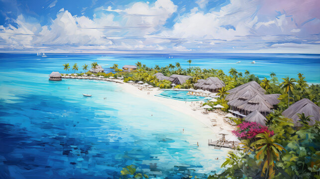 oil painting on canvas, Beautiful drone aerial view of w Maldives.