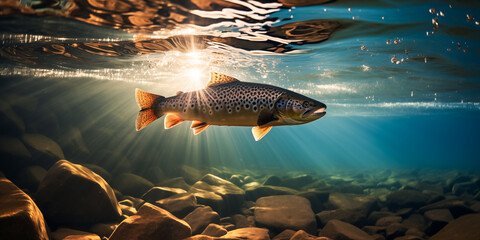 Under water view of rainbow trout swimming with sun rays in the background - obrazy, fototapety, plakaty