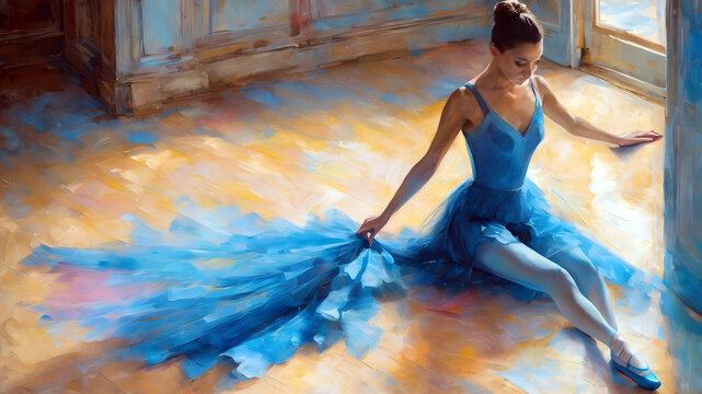 young ballerina in blue sits tired on the floor