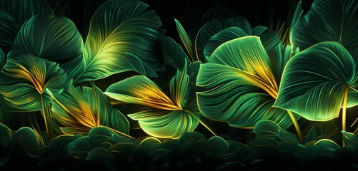 Luminous neon light design with a series of green and yellow leaf-like patterns on a botanical 3D backdrop
