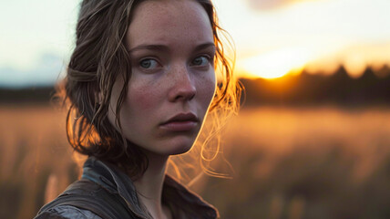 Scene from a drama thriller. Young woman protagonist,  confronted with enormous decisions. Sunset golden hour in an outdoor location.