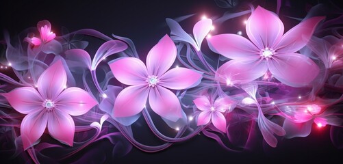 Luminous neon light design with a web of pink and white floral patterns on a garden-like 3D texture