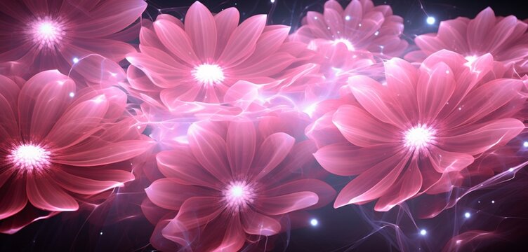 Luminous neon light design with a web of pink and white floral patterns on a garden-like 3D texture