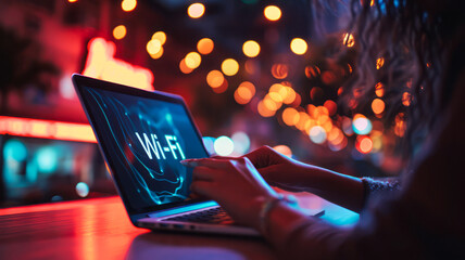 The "Wi-Fi 6" speed logo illuminates on a virtual screen as a businesswoman gestures and uses a laptop. Wi-Fi 6, the next-generation telecommunications technology.