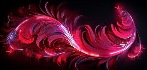 Luminous neon light graffiti featuring dark red and white feather designs on a plumage-inspired 3D background