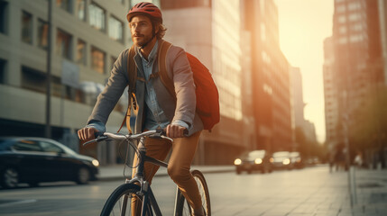 Man cycling through city streets at sunset, embodying urban commuting with a backdrop of...