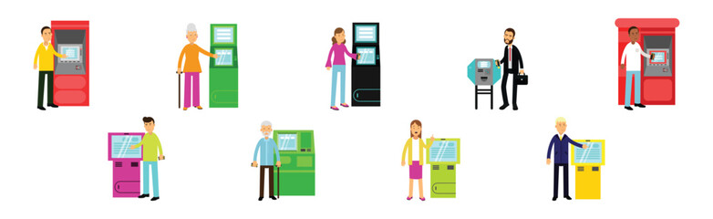 People Character Withdrawing Cash in ATM Terminal Vector Set