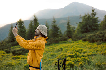 photo of a thirsty man traveling in the Carpathian Forest Mountains