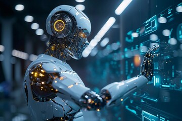 Fototapeta premium A businessman utilizes a digital chatbot as an assistant to access data and enhance business growth in the context of digital technology and AI.