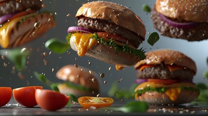 3D burgers falling in the air with ultra realistic grilled meat, detailed view and composition.