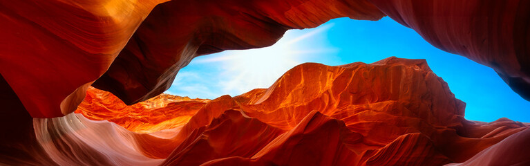 panoramic amazing sandstone walls in famous antelope canyon near page arizona