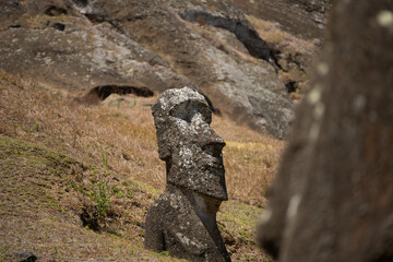 Moai statues in Rano Raraku Volcano, Easter Island, Chile