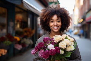 A happy worker african american woman holds flowers in his hands on the background of a shop window