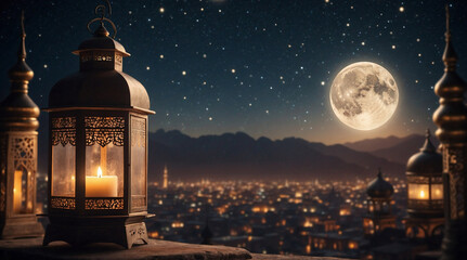 Traditional arabic lantern at night with full moon. Festive greeting card, holy month of muslim ramadan, invitation. - obrazy, fototapety, plakaty
