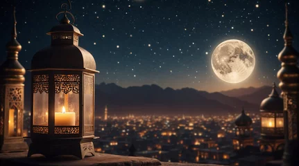 Foto op Plexiglas Traditional arabic lantern at night with full moon. Festive greeting card, holy month of muslim ramadan, invitation. © SKOPUS DRON