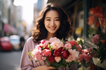 A happy worker asian woman holds flowers in his hands on the background of a shop window