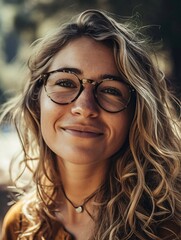 Attractive blonde Uruguayan lady wearing glasses outside with a cheerful look.