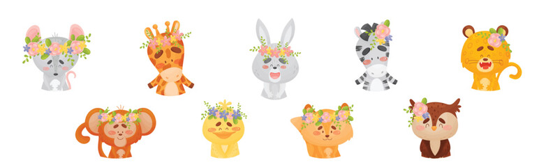 Cute Animals with Flower Wreath and Crowns on Head Vector Set