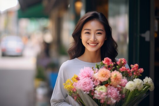 A happy worker asian woman holds flowers in his hands on the background of a shop window