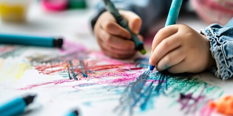 Young child creates art with pastel pencils on blank surface to celebrate paternal holiday. - obrazy, fototapety, plakaty