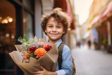 A happy worker child boy holds flowers in his hands on the background of a shop window