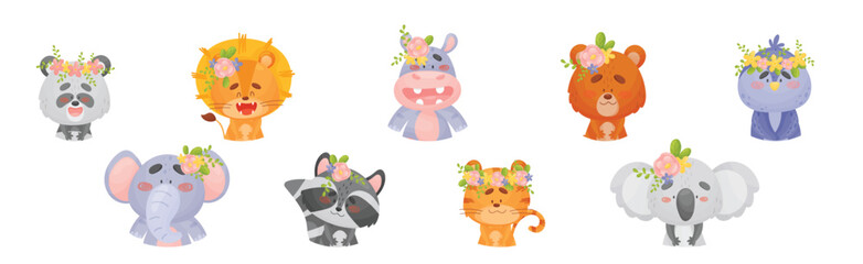 Cute Animals with Flower Wreath and Crowns on Head Vector Set
