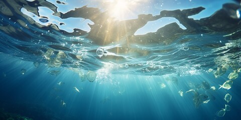 Light penetrating beneath the sea with bubbles ascending to the surface in the Mediterranean waters of France.