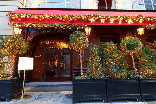 Famous restaurant Maxim's decorated for Christmas 2023 . Establishment dating from the 19th century, located at rue Royale in 8th district of Paris.