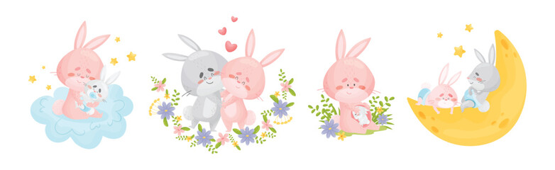 Rabbit Family with Bunny Mom and Dad Loving Their Cub Vector Set