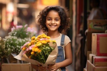 A happy worker indian child girl holds flowers in his hands on the background of a shop window